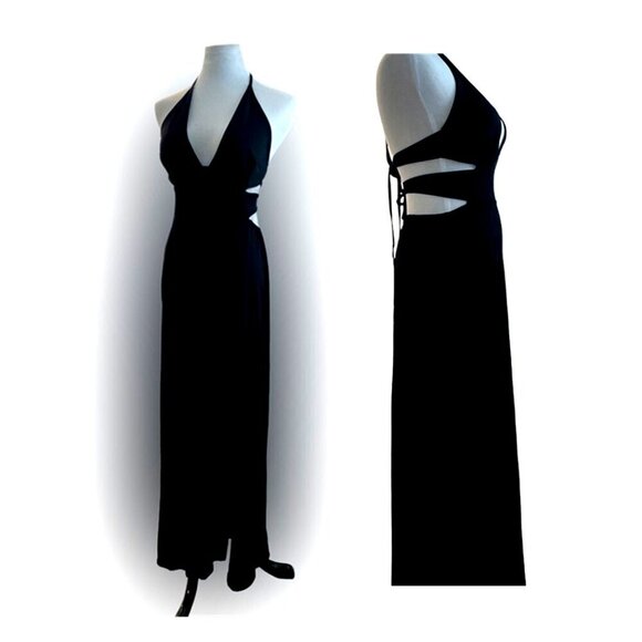 Black Stretch Halter Long Formal Beach to Resort Easy Fit Dress EUC Sz SM - Picture 1 of 13